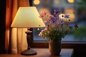 Elegant table lamp and flowers arrangement in a vase. photo
