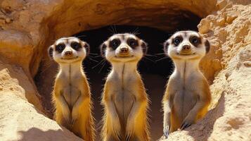 Group of meerkats standing upright in a sandy habitat photo
