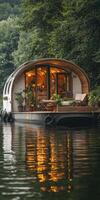 Modern floating house on calm water surrounded by trees. photo