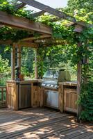 An inviting outdoor barbecue area featuring stainless steel grills, ample counter space, and lush greenery, perfect for outdoor cooking and dining experiences. photo