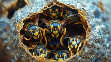 Close-up of wasp nest with multiple wasps in a tree. photo