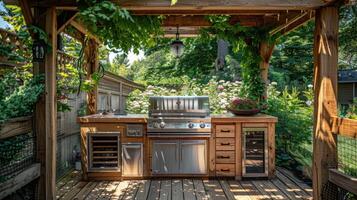 An inviting outdoor barbecue area featuring stainless steel grills, ample counter space, and lush greenery, perfect for outdoor cooking and dining experiences. photo