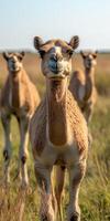 Camels standing in a grass field representing nature and wilderness in daylight. photo