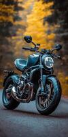 A stunning motorcycle parked on a rural road at sunset, highlighting its metallic parts against a dramatic sky, symbolizing freedom and adventure in a modern, artistic style. photo
