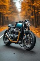 A stunning motorcycle parked on a rural road at sunset, highlighting its metallic parts against a dramatic sky, symbolizing freedom and adventure in a modern, artistic style. photo