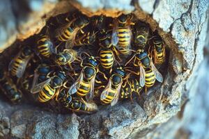 Close-up of wasp nest with multiple wasps in a tree. photo