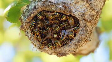 Close-up of wasp nest with multiple wasps in a tree. photo