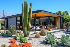 A modern house featuring extensive desert landscaping, large windows, and contemporary design elements, set against a vibrant, clear blue sky with cacti in the foreground. photo