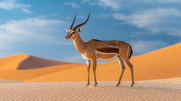 A majestic antelope with long horns stands gracefully atop sand dunes photo