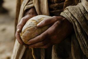 Close up of a bread on Jesus hand, a concept of Jesus feeding multitudes as in bible photo