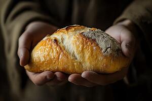 Close up of a bread on Jesus hand, a concept of Jesus feeding multitudes as in bible photo