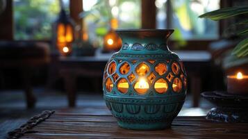 Burning candle creating a romantic atmosphere on a wooden table photo