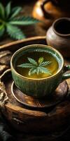 Cup of herbal tea with a cannabis leaf floating on it, surrounded by additional cannabis leaves and buds on a wooden tray photo