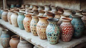 Colorful decorated pottery standing in a row on a shelf in a pottery workshop photo