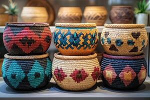 Colorful decorated pottery standing in a row on a shelf in a pottery workshop photo