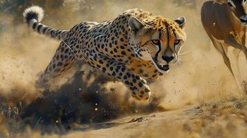 Cheetah running at full speed in a cloud of dust photo