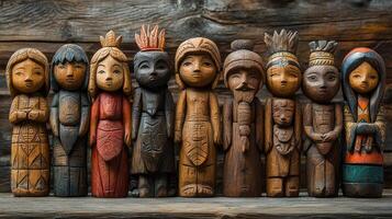 Row of traditional balinese wooden statues carved for selling to tourists photo