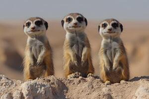 Group of meerkats standing upright in a sandy habitat photo