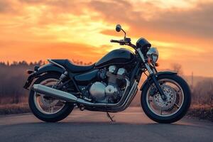 A stunning motorcycle parked on a rural road at sunset, highlighting its metallic parts against a dramatic sky, symbolizing freedom and adventure in a modern, artistic style. photo