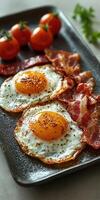 Delicious crispy bacon and fried eggs breakfast with thyme for seasoning photo