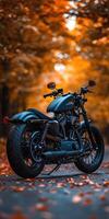 A stunning motorcycle parked on a rural road at sunset, highlighting its metallic parts against a dramatic sky, symbolizing freedom and adventure in a modern, artistic style. photo