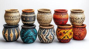 Colorful decorated pottery standing in a row on a shelf in a pottery workshop photo