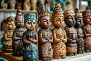 Row of traditional balinese wooden statues carved for selling to tourists photo