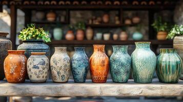 Colorful decorated pottery standing in a row on a shelf in a pottery workshop photo