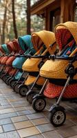 Many empty colorful baby strollers standing in line in autumn park photo