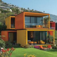 Modern container house with large windows overlooking tropical garden photo