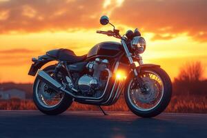 A stunning motorcycle parked on a rural road at sunset, highlighting its metallic parts against a dramatic sky, symbolizing freedom and adventure in a modern, artistic style. photo