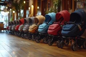 Many empty colorful baby strollers standing in line in autumn park photo
