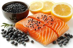 Fresh salmon fillet seasoned with salt and peppercorns on a cutting board photo