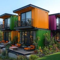 Modern container house with large windows overlooking tropical garden photo