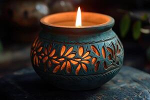 Burning candle creating a romantic atmosphere on a wooden table photo