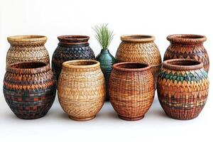 Colorful decorated pottery standing in a row on a shelf in a pottery workshop photo