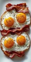 Delicious crispy bacon and fried eggs breakfast with thyme for seasoning photo