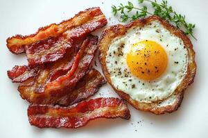 Delicious crispy bacon and fried eggs breakfast with thyme for seasoning photo