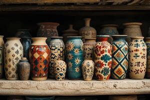 Colorful decorated pottery standing in a row on a shelf in a pottery workshop photo