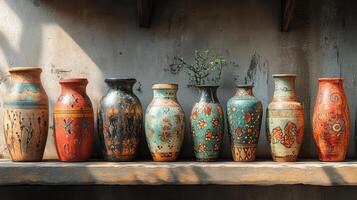 Colorful decorated pottery standing in a row on a shelf in a pottery workshop photo