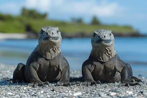Iguanas enjoying sunny beach on tropical island photo