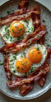 Delicious crispy bacon and fried eggs breakfast with thyme for seasoning photo