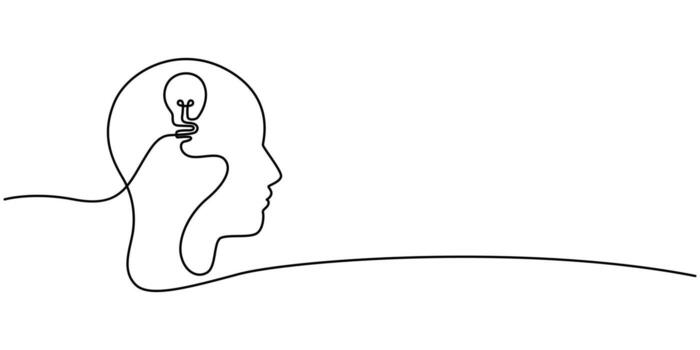 Head with a light bulb icon line continuous drawing vector