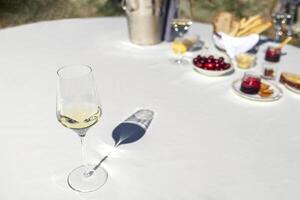 Elegant glass of delicious sparkling wine on background of table with white tablecloth and snacks. Berries, bread, cheese, ice cooler and several goblets on backdrop. Sunny day and long shadows. photo
