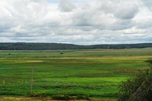 Green fields in the village. Cloudy sky over the fields. Highway in the distance photo