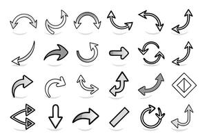 Arrow icons set. Illostration black directional pointers. Flat hand drawn line doodle style. vector