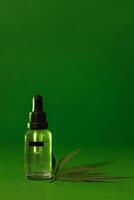 A mock-up glass transparent bottle with a pipette with a moisturizing concentrate with hyaluronic acid and leaf of cannabis. Facial serum with peptides and collagen with hemp. photo