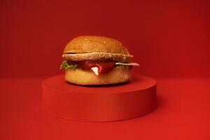 Close up of big yummy burger. Delicious sandwich with cheese, ketchup, lettuce and cutlet is on a red round stage. Red bright background. photo