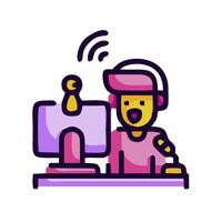 a man in headphones is sitting at a computer vector