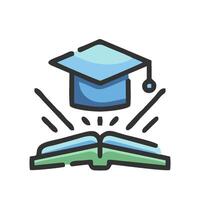 an image of an open book with a graduation cap on top vector